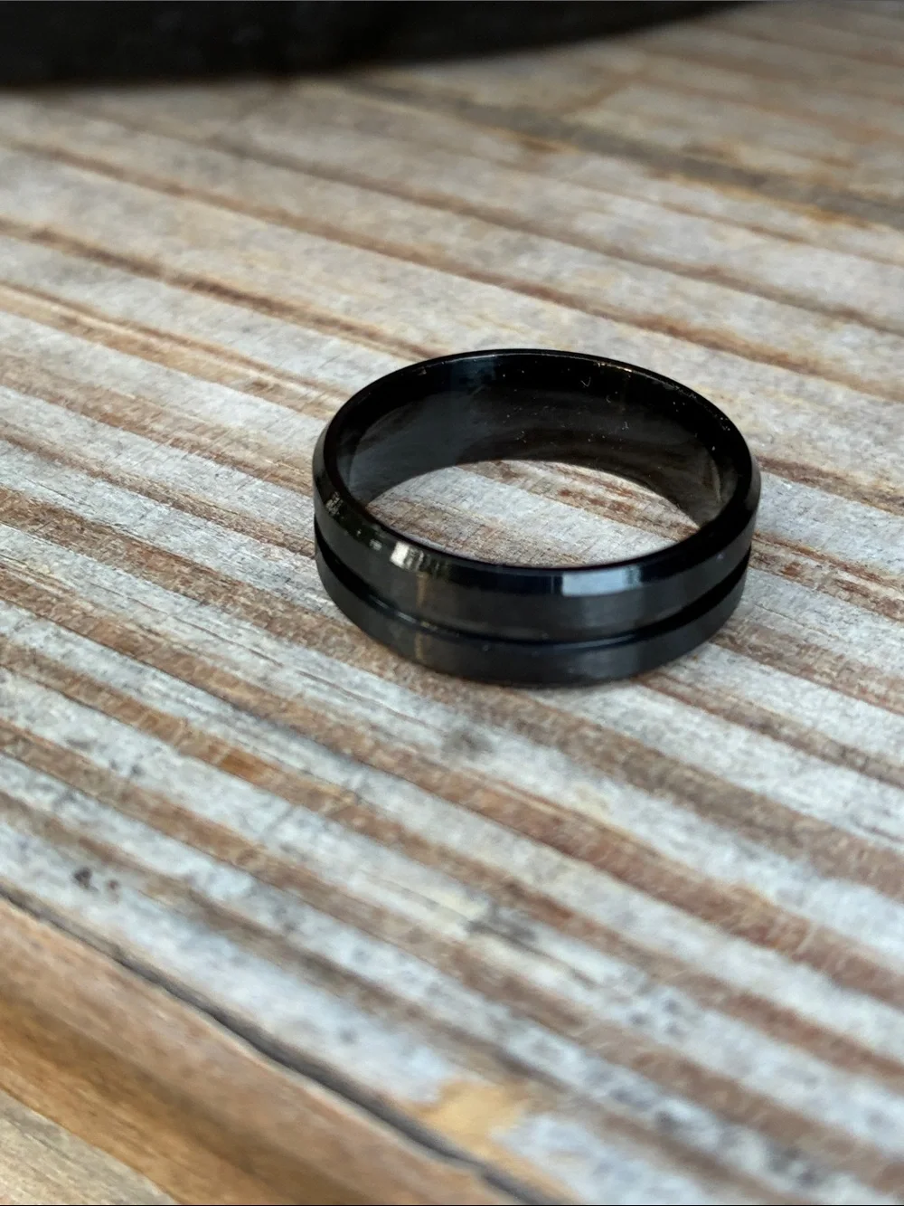 Black Men's Stainless Steel Band Ring - Sleek Two-Groove Design